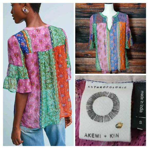 Anthropologie Akemi + Kin Peasant Top S Sheer Lyocell Bell Sleeve Patchwork - Picture 1 of 9